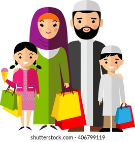 Shopping concept with arab people in colorful style.
Vector illustration arabian man and woman, arab family in the shop.
