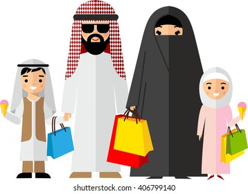 Shopping concept with arab people in colorful style.
Vector illustration arabian man and woman, arab family in the shop.
