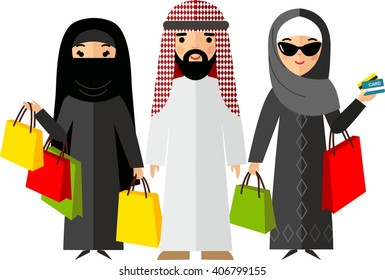 Shopping concept with arab people in colorful style.
Vector illustration arabian man and woman, arab family in the shop.
