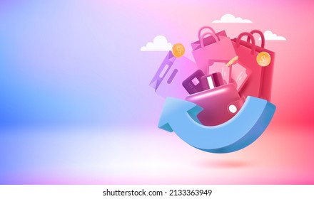 Concepto de compras con bolsas de compras. Banner vectorial 3d con espacio de copia
