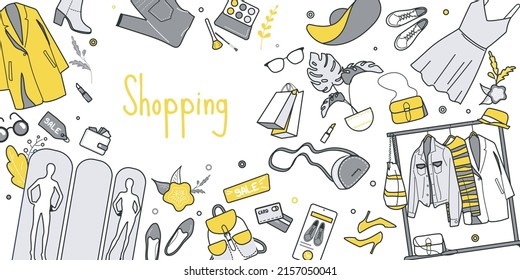 Shopping concept for banner design with flat line doodle pattern. Hand drawing texture with clothing, shoes, dress, shop, bag, retail, buy, accessory, store and fashion. Vector illustration for web