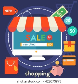 Shopping concept banner. Square composition, vector illustration