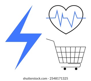 Concepto de compras. Un rayo azul significa energía, un latido del corazón dentro de un corazón simboliza la salud y un Carrito de compras indica comercio. Ideal para energía, salud, comercio electrónico, estilo de vida