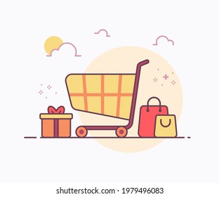 shopping concept cart around gift box hand bag icon with soft color solid line style