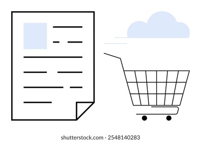 Concepto de compras. Un Carrito de compras junto a un documento y un elemento de nube. Ideal para comercio electrónico, transacciones digitales, compras en línea, App móviles y Facturas electrónicas. Moderno, limpio, minimalista