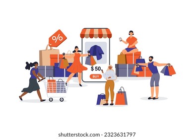 Shopping concept with character scene for web. Women and men making purchases, ordering with bargain prices in mobile app. People situation in flat design. Vector illustration for marketing material.