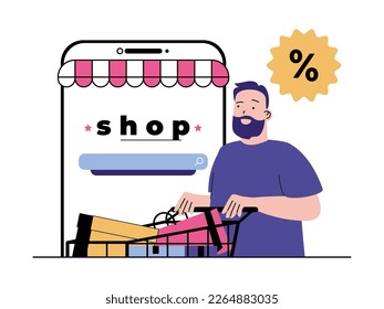 Concepto de compras con carácter. Hombre empujando el carrito de supermercados con bolsas y comprando en línea a precios de descuento durante la temporada de ventas. Ilustración vectorial con escenas de personas en diseño plano para web