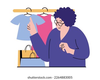 Shopping concept with character situation. Woman chooses new clothes from assortment of store, makes lot of purchases at discount prices. Vector illustration with people scene in flat design for web