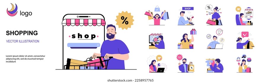Shopping concept with character situations collection. Bundle of scenes people buy goods online, order and receive purchases, paying in mobile application. Vector illustrations in flat web design