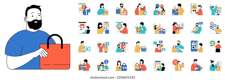 Shopping concept with character situations mega set. Bundle of scenes people making purchases, ordering goods online, buying in store or supermarket and other. Vector illustrations in flat web design