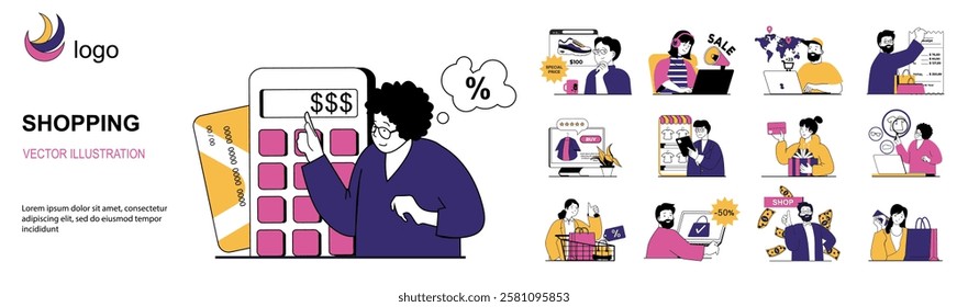 Shopping concept with character situations mega set in flat web design. Bundle of scenes people ordering and buys in online store, pays with credit cards in mobile application. Vector illustrations.