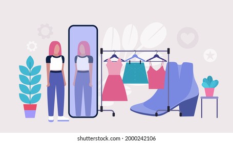 Shopping concept. Character trying on clothes in front of a mirror. Colorful flat vector drawing.