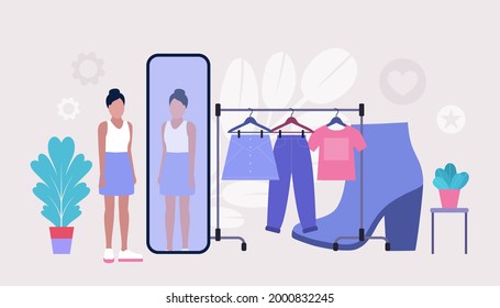 Shopping concept. Character trying on clothes in front of a mirror. Colorful flat vector drawing.