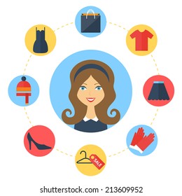 Shopping concept with character, vector illustration, flat icons