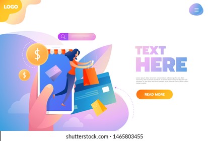 Shopping concept with characters. Commercial checkout pay, ecommerce retail on device. Flat Isometric characters illustration.