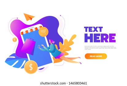 Shopping concept with characters. Commercial checkout pay, ecommerce retail on device. Flat Isometric characters illustration.