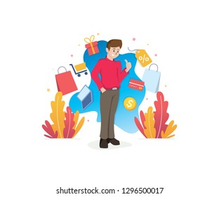Shopping concept with characters. Smiling man with shopping concept illustration. Online shopping illustration, Online payment, sale - vector