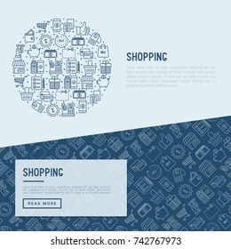 Shopping concept in circle with thin line icons: cashbox, payment, pos terminal, piggy bank, sale, currency, credit card, trolley. Template for web page of online shop. Vector illustration.