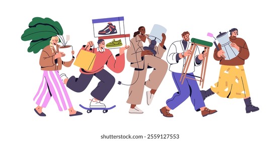 Shopping concept. Customers carrying purchases, buying goods on sale, furniture, home decoration at discount. Happy buyers, consumers, shoppers. Flat vector illustration isolated on white background