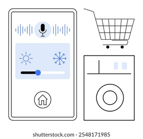 Shopping concept. Design shows a smartphone controlling home appliances, microphone for voice command, shopping cart, and washing machine. Ideal for e-commerce, smart homes, technology, convenience