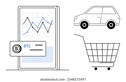 Shopping concept. Digital screen showing Bitcoin transactions paired with financial growth charts, a shopping cart, and a car. Ideal for e-commerce, cryptocurrency, financial growth, online shopping