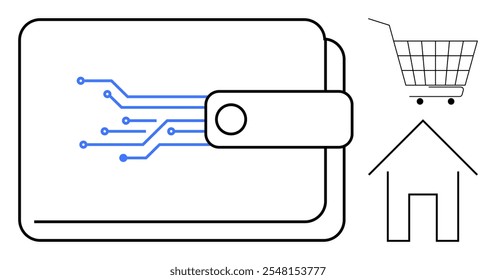 Shopping concept. Digital wallet with electronic circuitry, shopping cart, and house symbol. Ideal for online payments, ecommerce, digital transactions, home shopping, and tech advancements. Modern