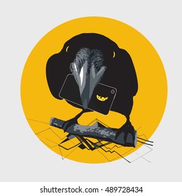 shopping concept disease, love to all new,crow, cheese, telephone, graphics, idea, phone, a branch T-shirt printing, illustration for a notebook, card.vector isolated on gray background