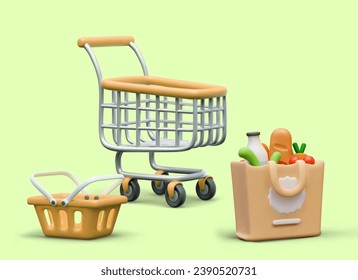 Shopping concept. Empty shopping cart, basket, paper bag with food. Unlabeled image, place for text, logo. Vector web design. Advertisement of shop, event