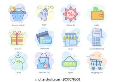 Shopping concept flat icons set. Bundle of grocery basket, label, discounts, wallet, present, credit card, shop, payment terminal, open and other. Vector conceptual pack color symbols for mobile app