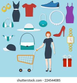 Shopping concept with flat icons and women with trolley. Vector illustration