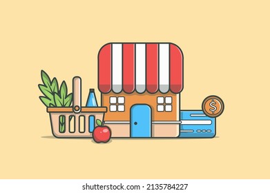 Shopping concept in flat line design. Making purchases at supermarket color outline scene. Objects composition with grocery store, basket with food, credit card. Vector illustration with web icon