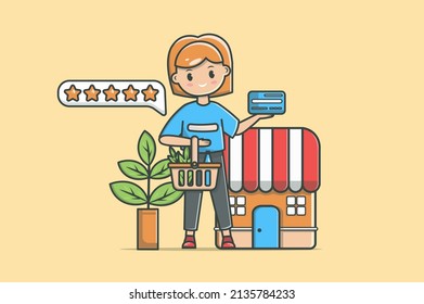 Shopping Concept In Flat Line Design. Making Purchases At Supermarket Color Outline Scene. Woman Holding Basket With Food And Credit Card While Standing By Store. Vector Illustration With Web Icon