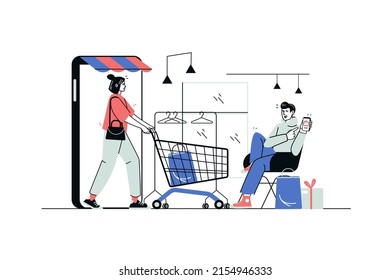 Concepto de compras en línea plana. El hombre ordena y compra productos en aplicación móvil. Las mujeres hacen compras con carrito de compras en el supermercado. Ilustración vectorial con escena de personas de contorno para web