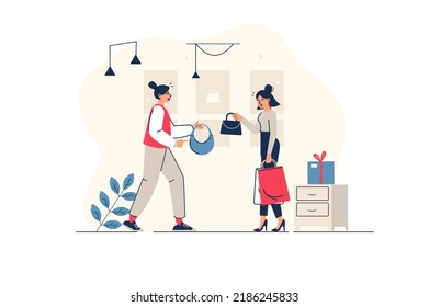 Concepto de compras en diseño de línea plana con la escena del pueblo. Mujer eligiendo bolso nuevo en la sala de exposición de una tienda de moda. El vendedor ayuda al cliente y consulta al cliente en la tienda. Ilustración vectorial para web
