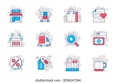 Shopping concept flat line icons set. Make and pay for purchases at sales. Bundle of shop, bag, wish list, delivery, search, discount and other. Vector conceptual pack outline symbols for mobile app