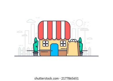 Shopping concept in flat outline design. Sales season, making purchases. Vector illustration with colorful line web scene with shop building with striped awning, boutique showcase on street cityscape