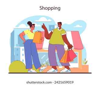 Shopping concept. Friends enjoying a day out in the city, with bags full of purchases. A happy, urban retail therapy session. Fashion and lifestyle enjoyment. Flat vector illustration.