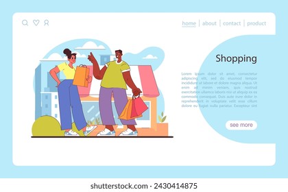 Shopping concept. Friends enjoying a day out in the city, with bags full of purchases. A happy, urban retail therapy session. Fashion and lifestyle enjoyment. Flat vector illustration.