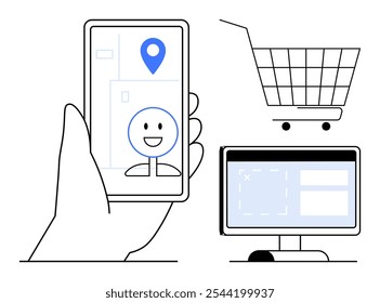 Shopping concept. A hand holds a smartphone displaying a map and a happy face, a shopping cart, and a computer screen. Ideal for e-commerce, delivery services, mobile shopping, online payments, user