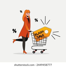 Shopping concept. Happy woman rolling a cart full of discounted purchases.