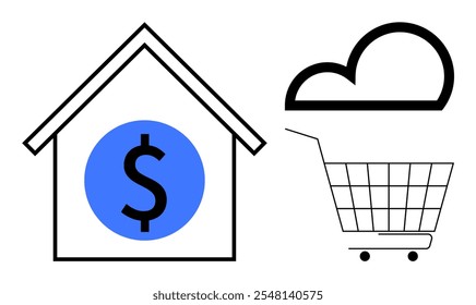 Concepto de compras. Casa con signo de dólar, nube y Carrito de compras destaca comercio electrónico, venta minorista en línea y pagos digitales. Ideal para comercio electrónico, compras en línea, ventas digitales, servicios en la nube