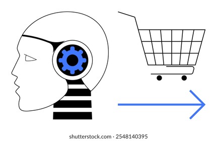 Conceito de compras. Uma cabeça humana com uma engrenagem no interior significa inteligência artificial ao lado de um carrinho de compras avançando. Ideal para IA em e-commerce, automação, tecnologia futura, varejo digital