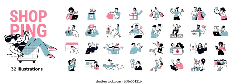 Shopping concept illustrations. Set of illustrations of men and women in various activities of online shopping, ecommerce, sale, product order and delivery. Vector for graphic and web design.