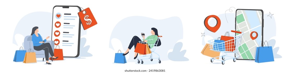 Shopping concept illustrations. Set of illustrations of men and women in various activities of online shopping, ecommerce, sale, product order and delivery. Vector for graphic and web design