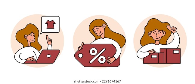 Shopping concept illustrations. Set of illustrations of women in various activities of online shopping, ecommerce, sale, product order and delivery. Vector outline isolated illustration.