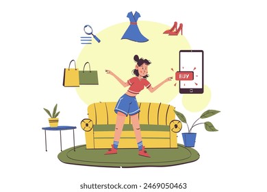 Shopping concept illustrations. Woman sitting with her laptop looking for shopping items. Modern vector for graphic and web design.