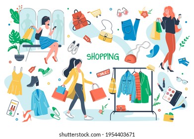 Shopping concept isolated elements set. Bundle of women with bags buy clothes, cosmetics, shoes, accessories, fashion outfit, hanging apparel, sale offer. Vector illustration in flat cartoon design