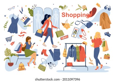 Concepto de compras conjunto de elementos aislados. La colección de mujeres compra ropa y accesorios en la tienda, elige cosméticos, ventas, descuentos, pagos y otros. Ilustración vectorial en diseño de dibujos animados planos