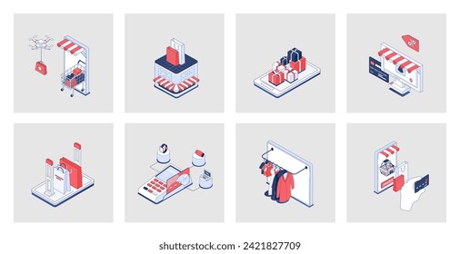 Shopping concept of isometric icons in 3d isometry design for web. Online purchasing, buying new goods in retail stores and shops, credit card payment with delivery service. Vector illustration