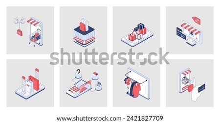 Shopping concept of isometric icons in 3d isometry design for web. Online purchasing, buying new goods in retail stores and shops, credit card payment with delivery service. Vector illustration